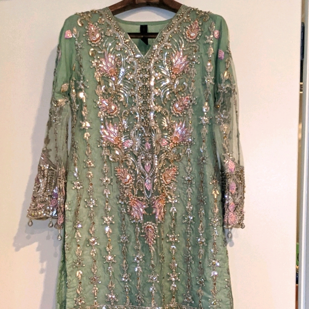 Mint green heavily beaded Pakistani salwar kameez